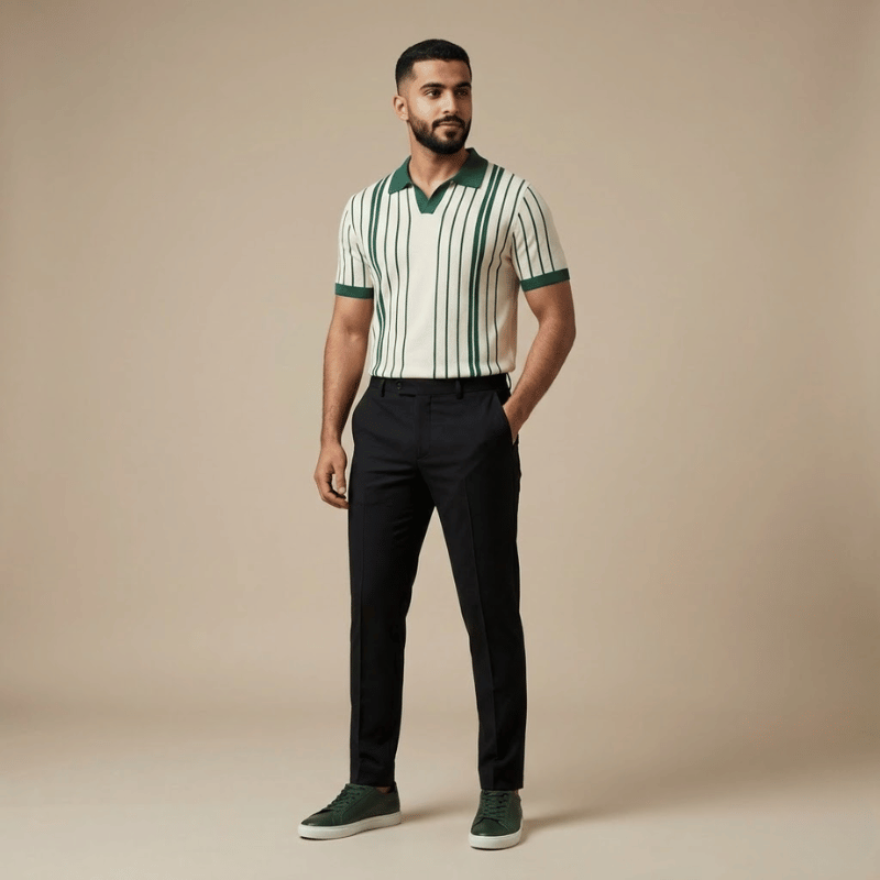 طقم رجالي مخطط – قميص بولو + بنطلون أنيق + حذاء