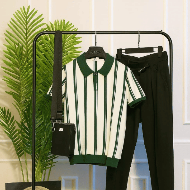 طقم رجالي مخطط – قميص بولو + بنطلون أنيق + حذاء