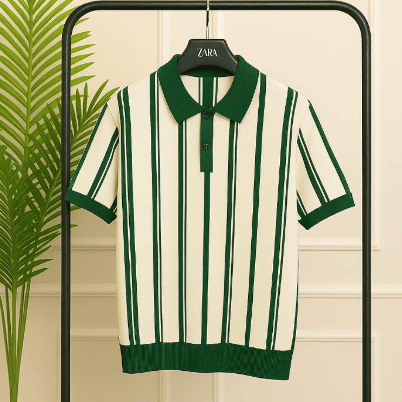 طقم رجالي مخطط – قميص بولو + بنطلون أنيق + حذاء