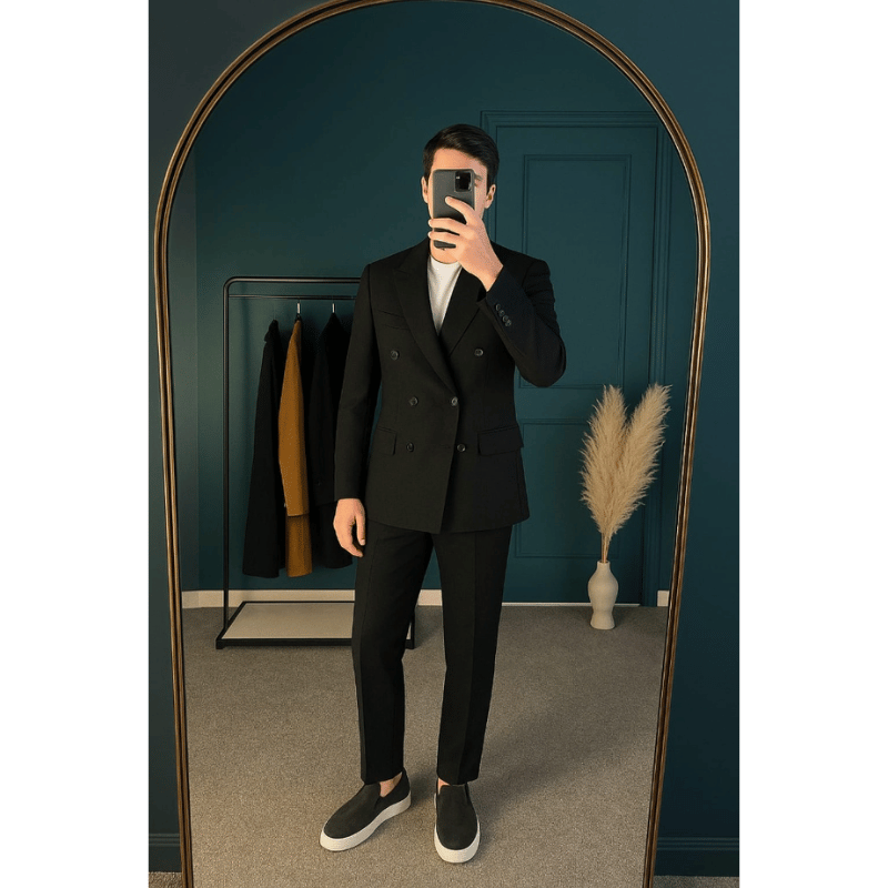 طقم الهيبة الكلاسيكي الرجالي – 3 قطع (جاكيت + بنطلون + حذاء)