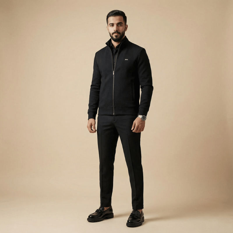 طقم الهيبة السوداء الرجالي – جاكيت + بنطال + حذاء بإطلالة فاخرة