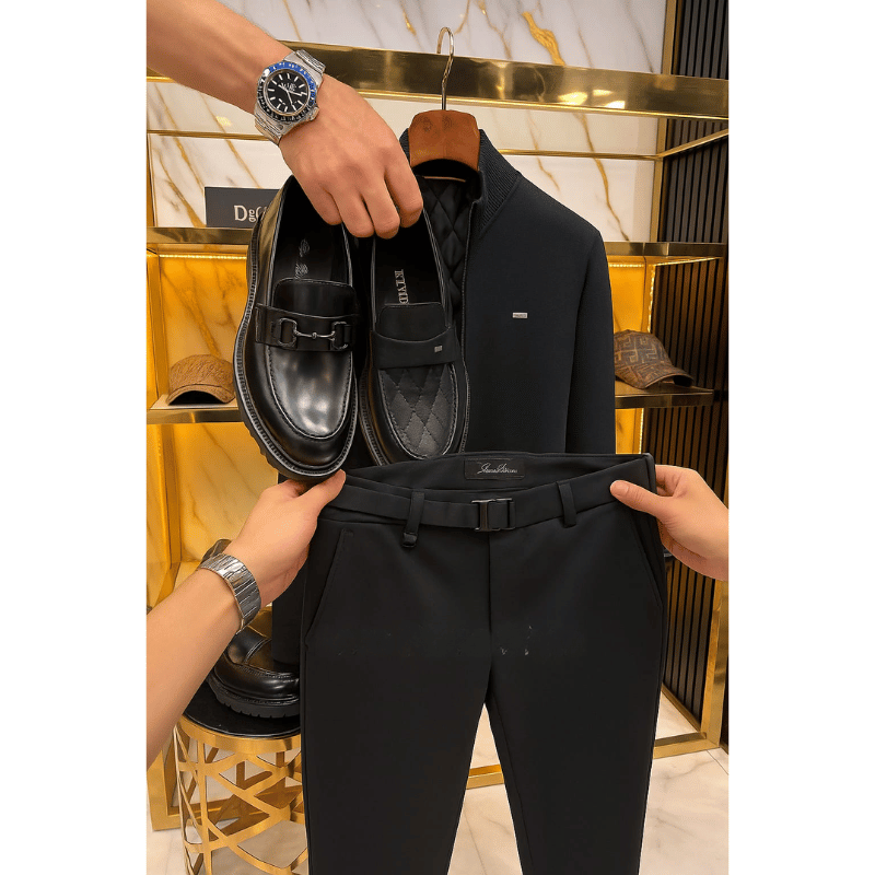 طقم الهيبة السوداء الرجالي – جاكيت + بنطال + حذاء بإطلالة فاخرة